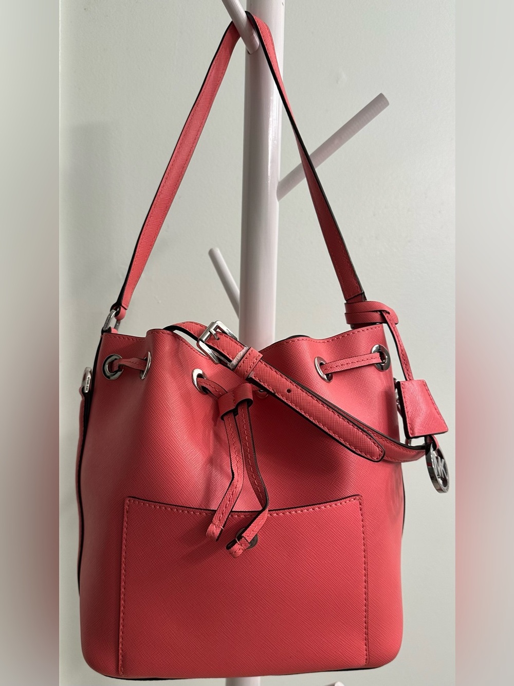 Michael Kors Medium Greenwich Saffiano Leather Bucket Shoulder Bag Coral